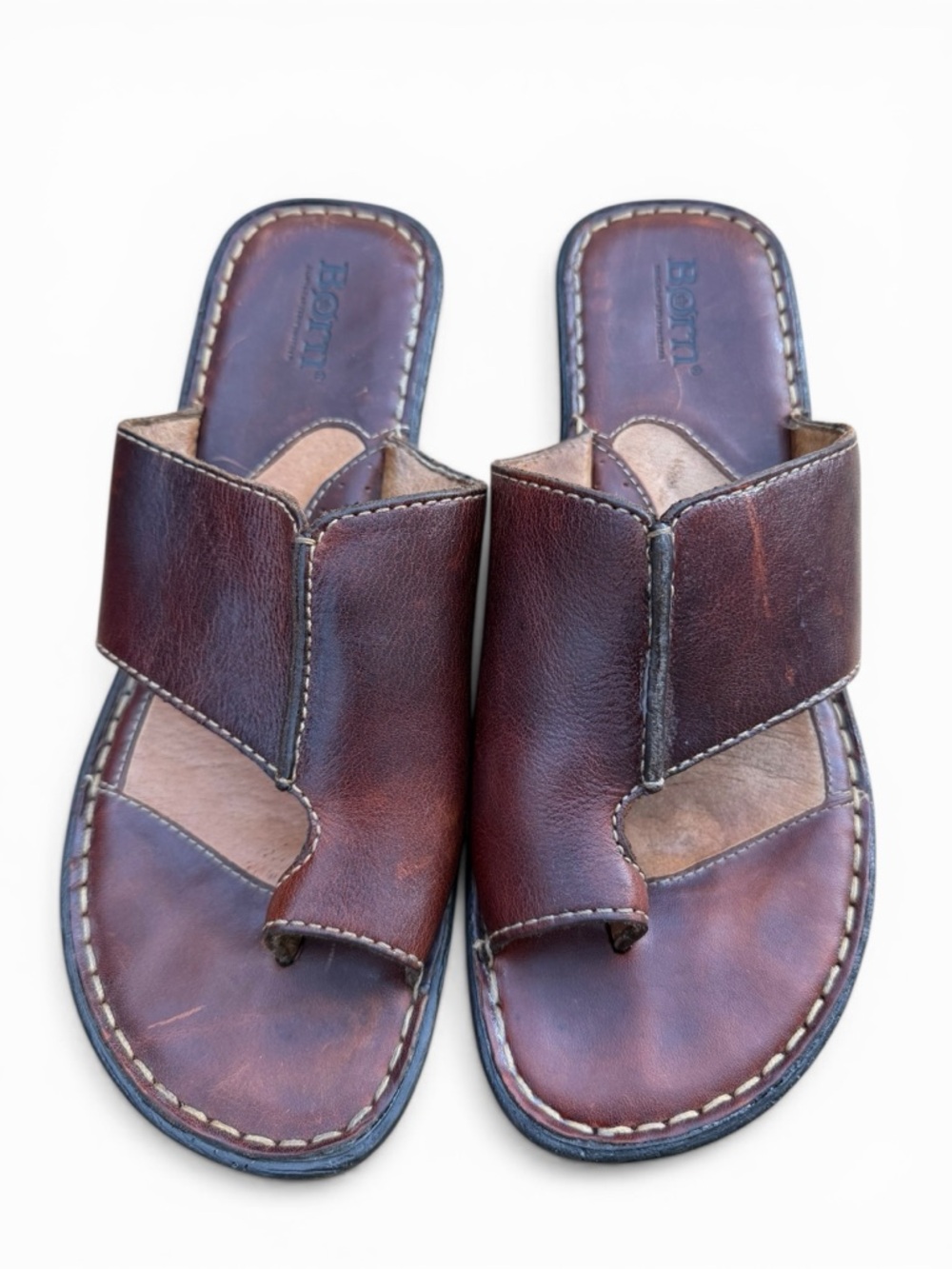 Born Leather Wedge Sandals Brown Toe Loop Comfort Slides Women 8